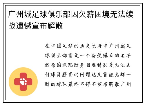 广州城足球俱乐部因欠薪困境无法续战遗憾宣布解散 广州城足球俱乐部因欠薪困境无法续战遗憾宣布解散
