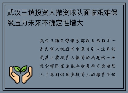 武汉三镇投资人撤资球队面临艰难保级压力未来不确定性增大