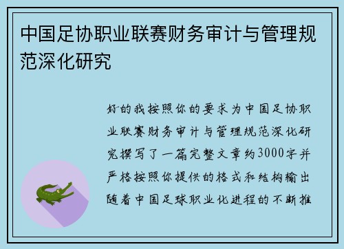 中国足协职业联赛财务审计与管理规范深化研究 中国足协职业联赛财务审计与管理规范深化研究